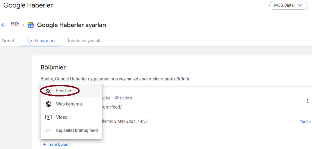Google News Yeni Bölüm Feed Ekleme
