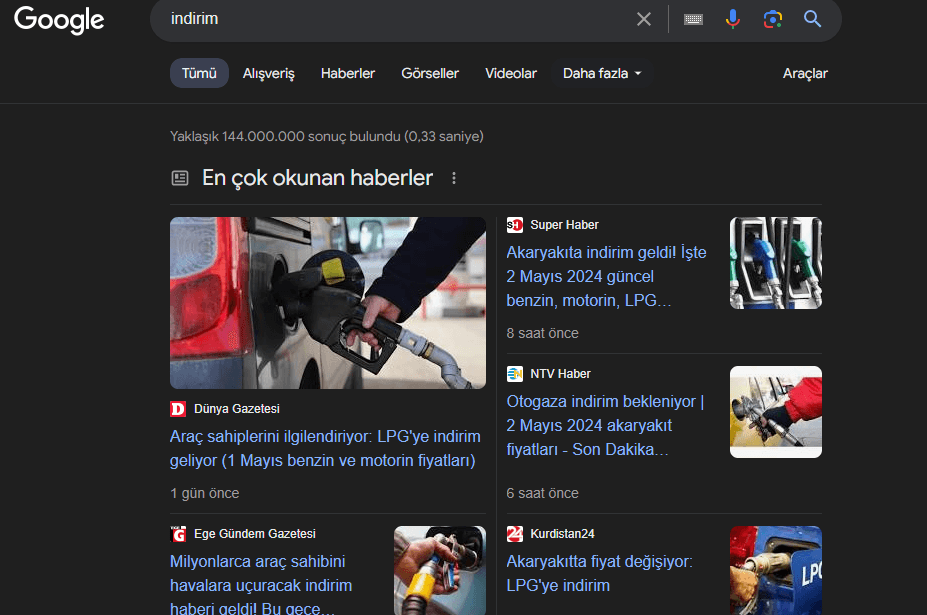 Google News İndirim Arama Sonucu Sayfası