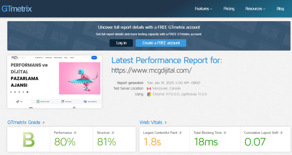 Gtmetrix site hızı test etme aracı