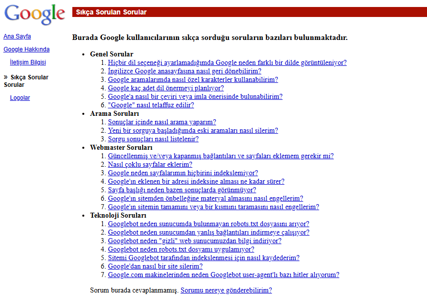 Google sık sorulan sorular sayfası