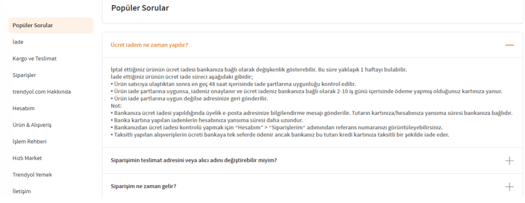 Trendyol sık sorulan sorular sss gruplandırma örneği