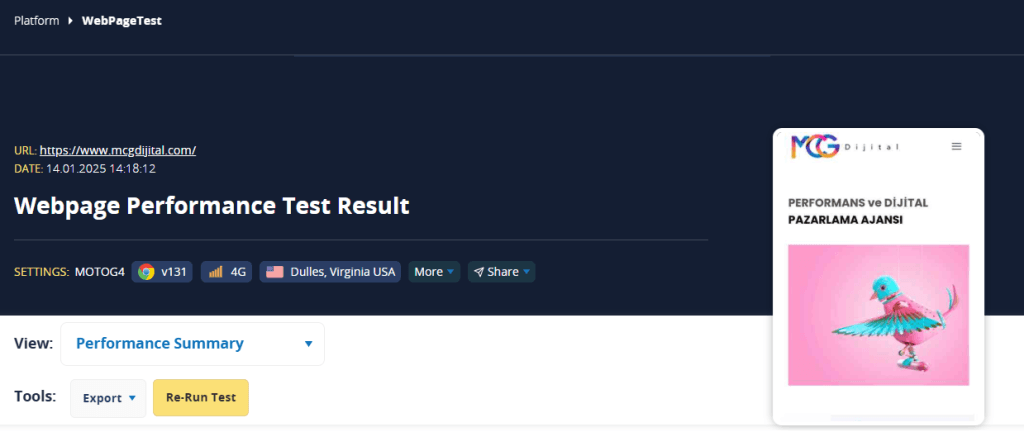 Webpagetest site hızı testi