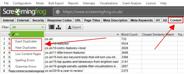Screaming Frog yinelenen içerikleri tespit etmek