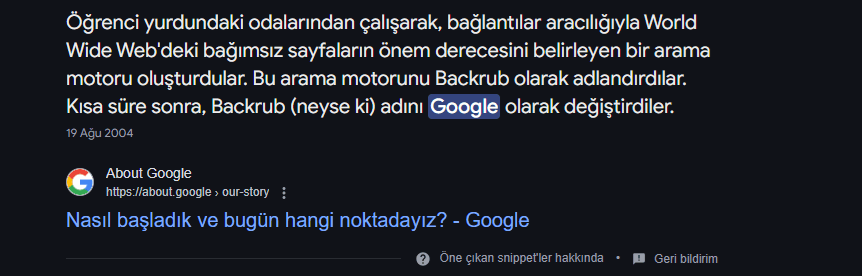 Arama Sonuç Sayfası'nda Featured Snippet