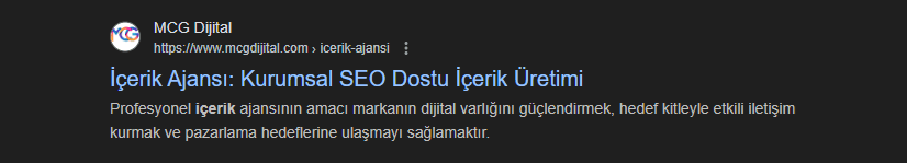 SEO uyumlu makalelerde başlık (Title) örneği için içerik ajansı arama sonucu