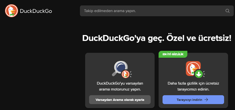 DuckDuckGo Arama Motoru anasayfa