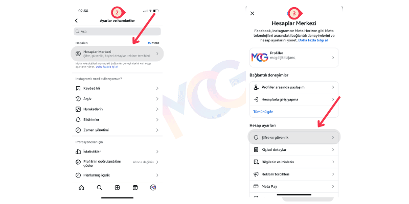 Hesap merkezi bölümüne tıklayın. Şifre ve güvenlik alanına geçiş yapın.