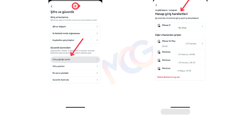 Instagram hesabınıza giren cihazları inceleyin. Giriş yaptığın yerler alanını seçerek cihazları kontrol edin.