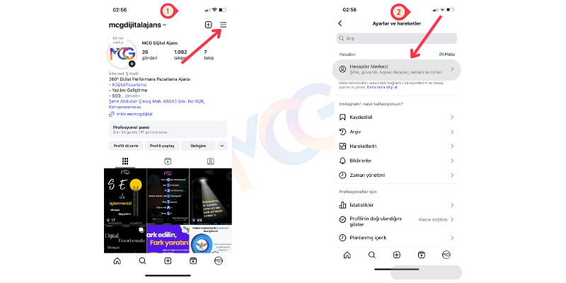 Instagram hesabınıza giriş yapın. Hesaplar merkezine tıklayın.