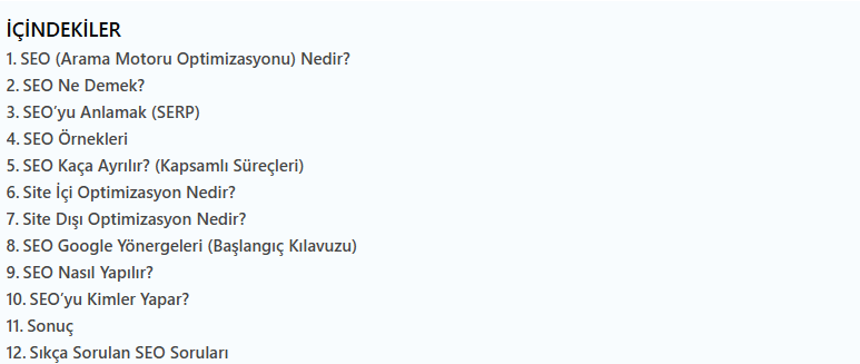 Easy Table of Content eklentisinden örnek bir görsel